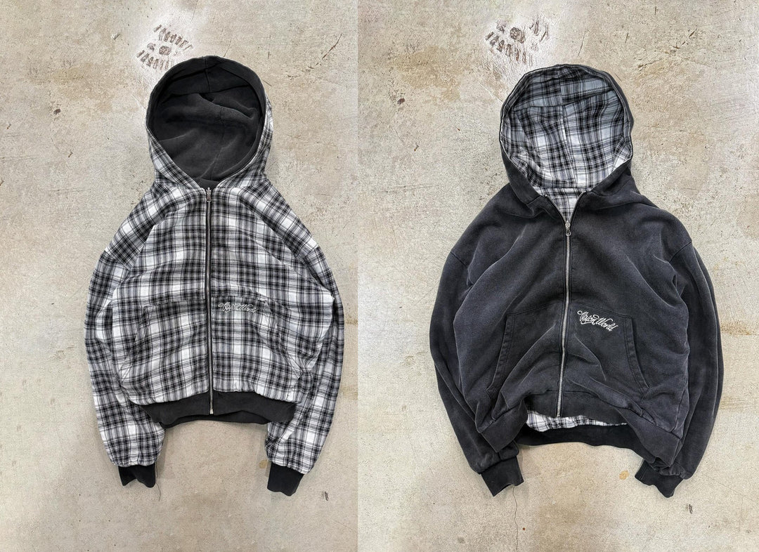 Veste à capuche à motif à carreaux décontractée pour femmes avec double zip Levoire
