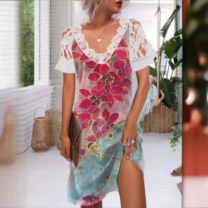 Levoire | Robe imprimée à encolure en V avec des détails en dentelle élégants