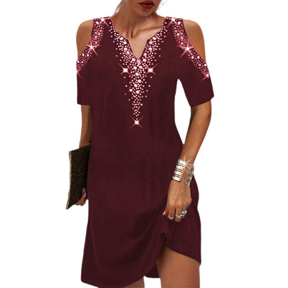 Levoire | Chic V-découpe robe à épaules dénudées imprimée à manches courtes