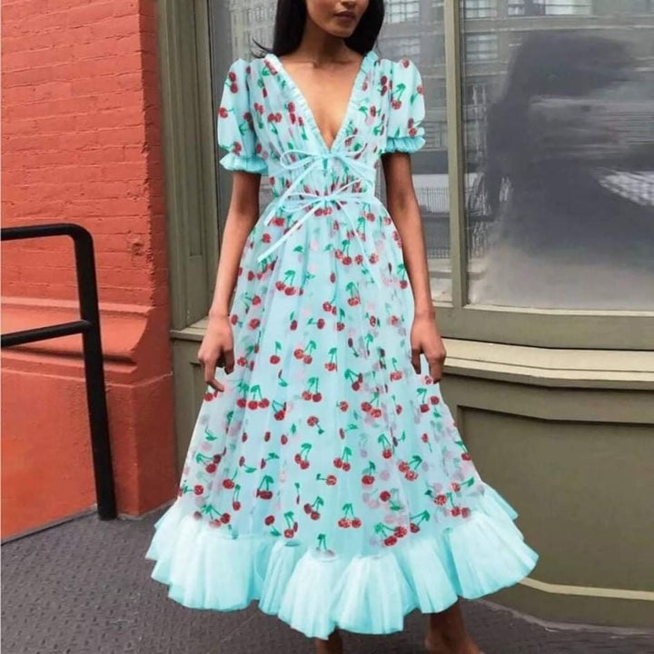 Levoire | Robe d'été tendance à nœud en maille Cerise bleue