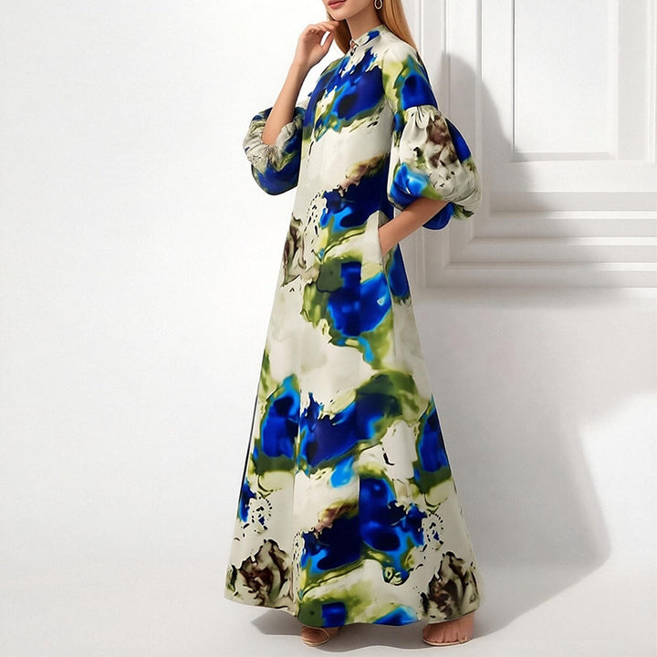Robe maxi pour femmes avec des manches bouffantes volumineuses et un design coloré complexe Levoire
