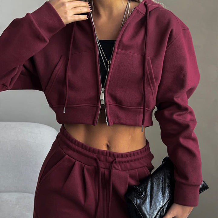 Levoire | Sweat à capuche court à taille serrée - cardigan en tricot avec poches kangourou rouge foncé