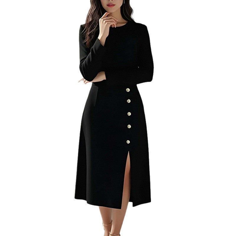 Robe Midi Élégante pour Femmes avec Détail de Bouton et Fente Latérale Levoire