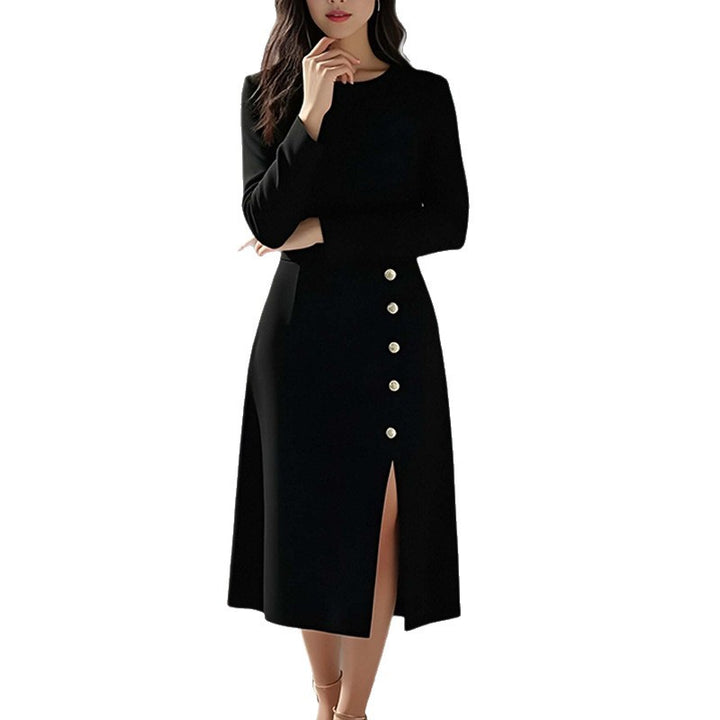 Robe Midi Élégante pour Femmes avec Détail de Bouton et Fente Latérale Levoire