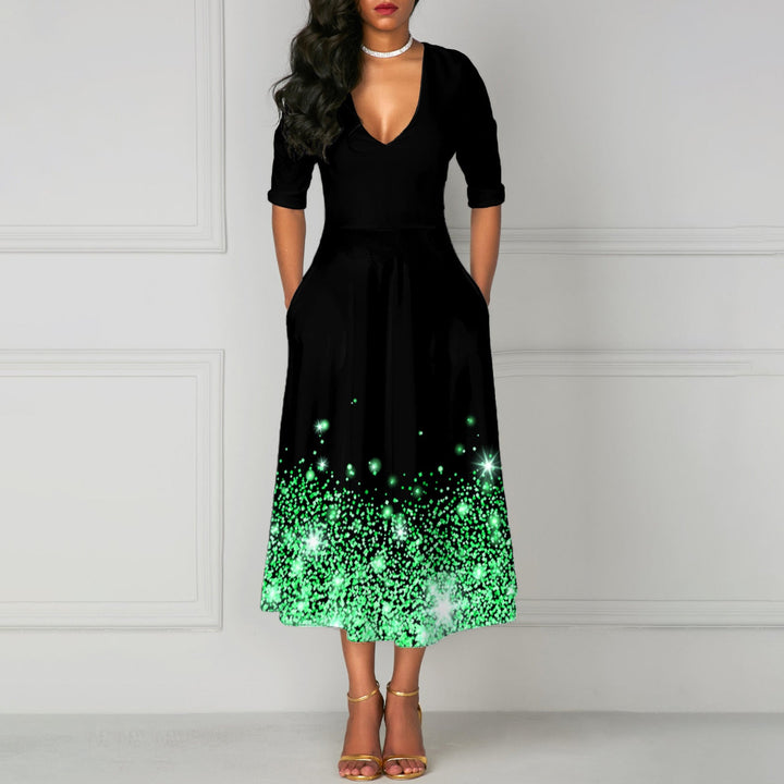 Levoire | Robe à poches à col en V imprimé chic à cinq manches Vert