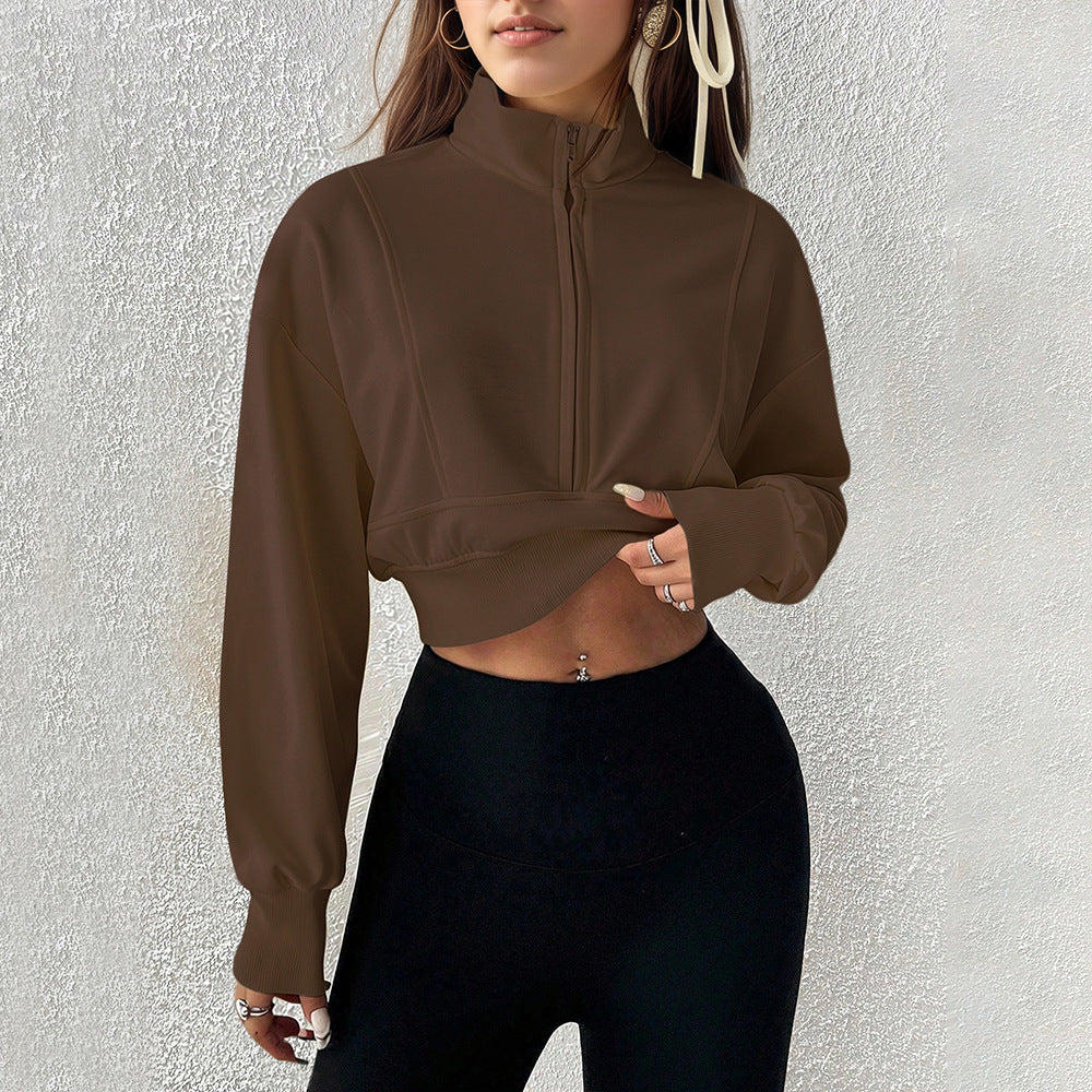 Sweatshirt court pour femmes avec fermeture éclair haute et en matériau doux Levoire