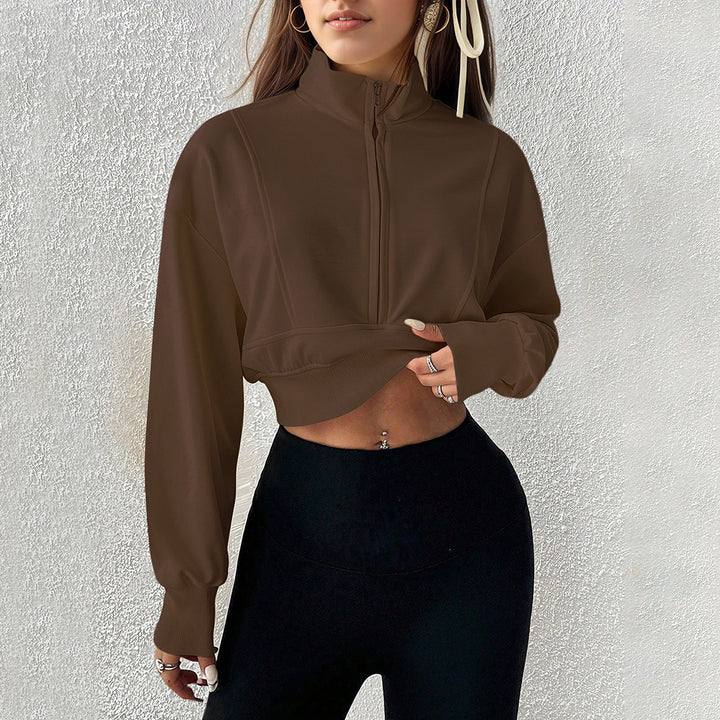 Sweatshirt court pour femmes avec fermeture éclair haute et en matériau doux Levoire