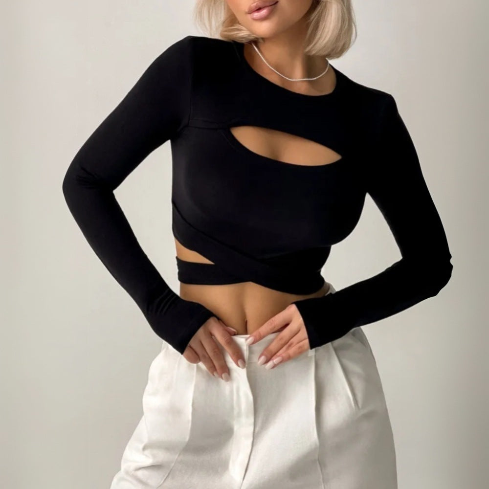 Chemise à manches longues courte pour femme avec design innovant à découpes et taille élastique Levoire
