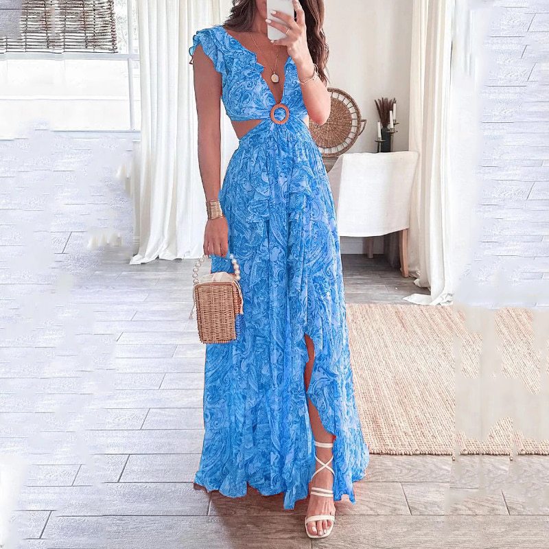 Robe maxi longue pour femmes avec design élégant à découpes et encolure à volants Levoire
