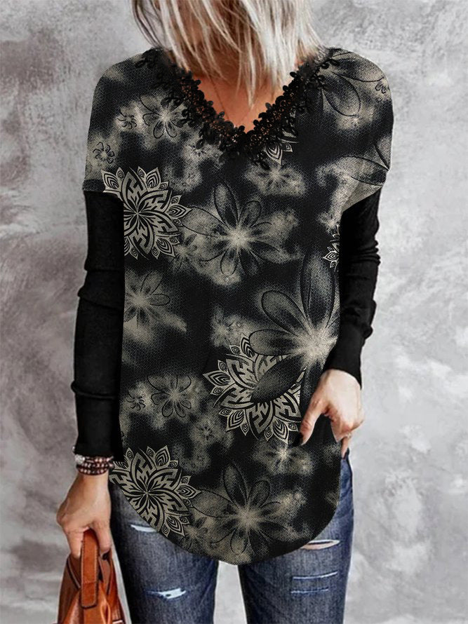 Levoire | T-shirt Raglan à Manches Longues Imprimé Élégant Col V Gris