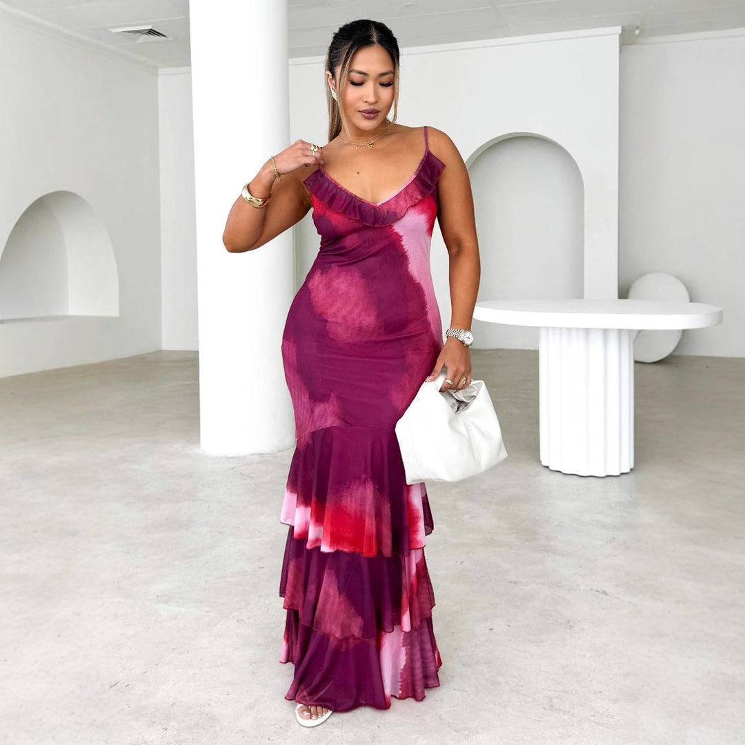 Robe maxi femme avec jupe volumineuse et détails en volants raffinés Levoire