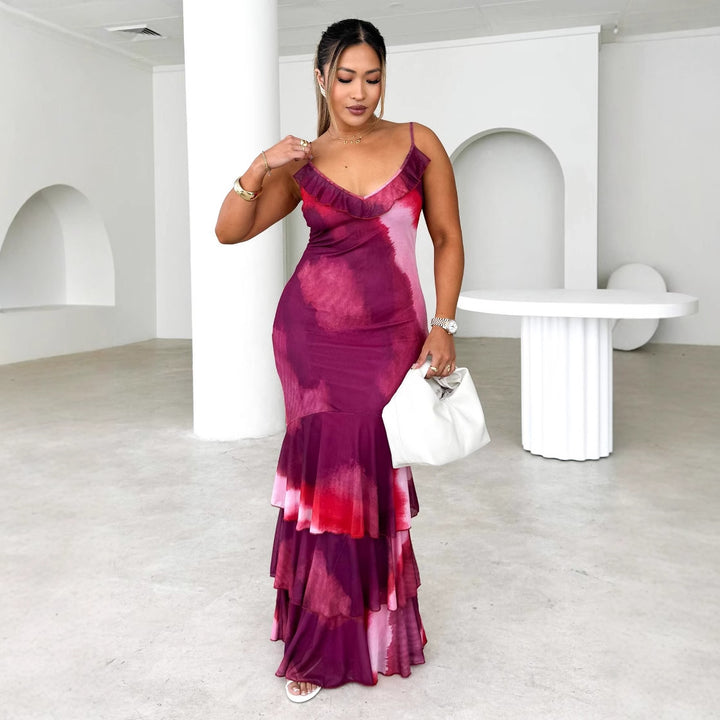 Robe maxi femme avec jupe volumineuse et détails en volants raffinés Levoire