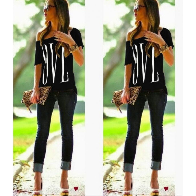 T-shirt femme à épaule dénudée avec grande inscription Levoire