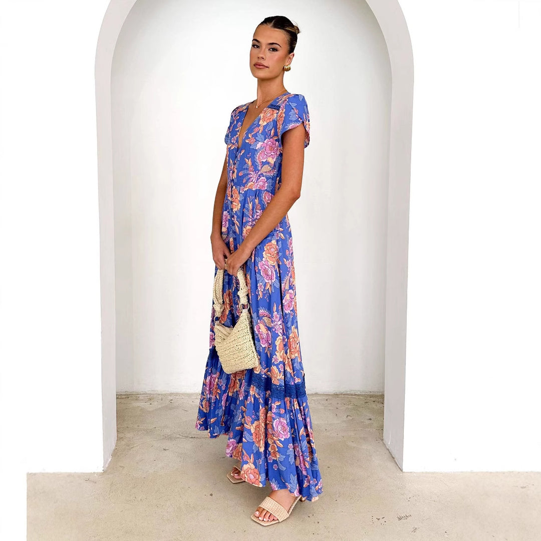 Robe maxi pour femmes avec motif floral et décolleté en V profond Levoire