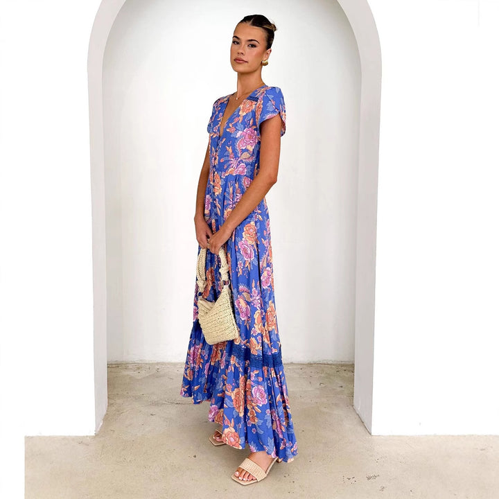 Robe maxi pour femmes avec motif floral et décolleté en V profond Levoire