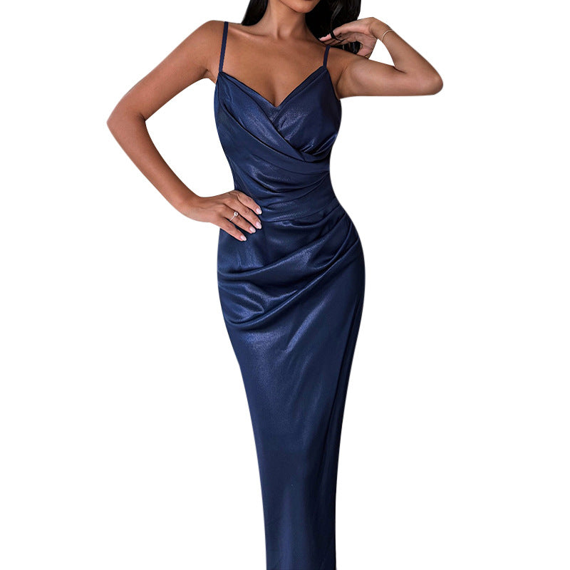 Robe Maxi Satin Elegant Femme avec Fente Profonde et Bretelles Ajustables Levoire