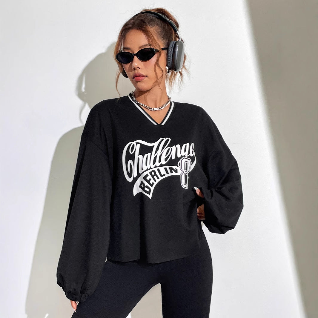 Sweat-shirt décontracté oversize pour femmes avec décolleté en V et imprimé graphique Levoire