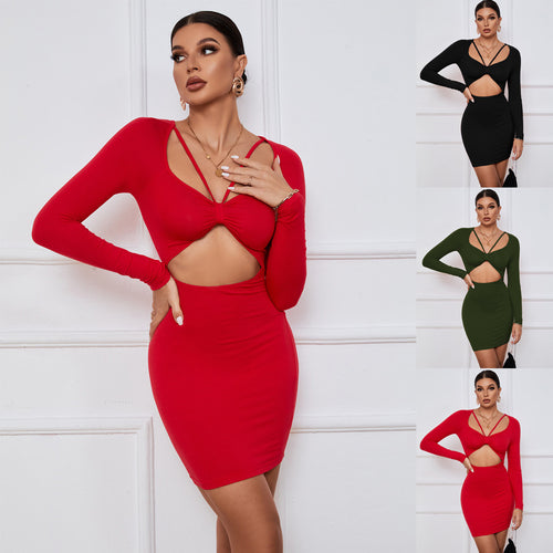 Robe mini avec découpes ajustée pour femmes, à manches longues et détail de nœud sexy Levoire