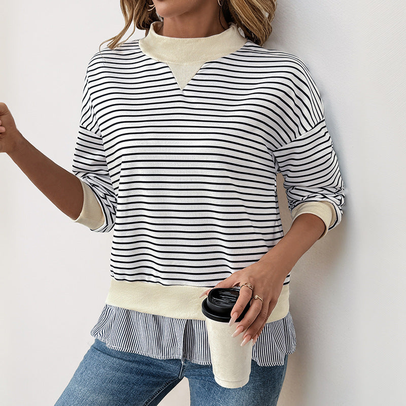 Sweat-shirt tendance pour femmes avec motif de rayures asymétriques et finition à volants Levoire