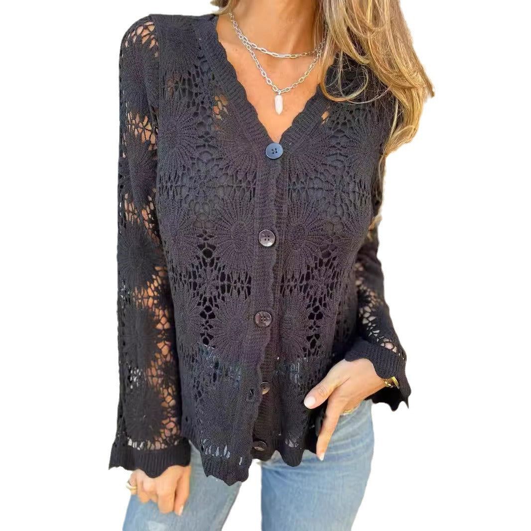 Veste au crochet pour femmes avec motifs floraux et fermeture à boutons Levoire