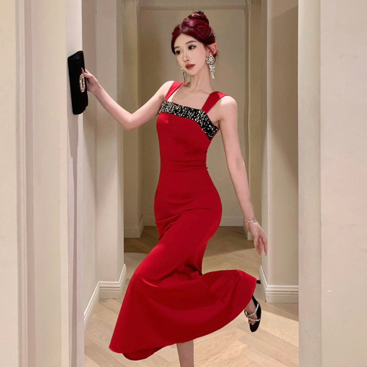 Levoire | Imprimé à pois Paillettes Taille carrée Robe à bretelles Rouge vin