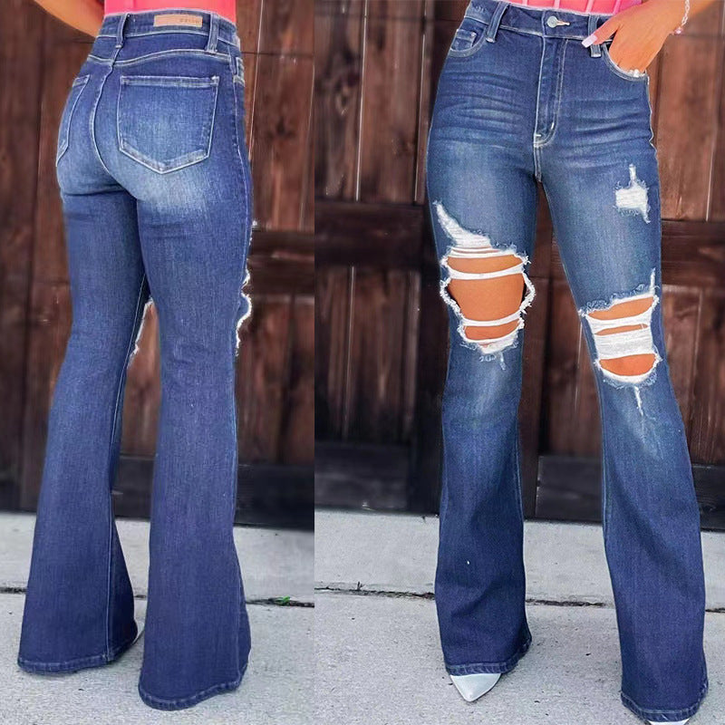 Jeans évasés pour femmes au look détruit avec poches hautes et ourlet effiloché Levoire