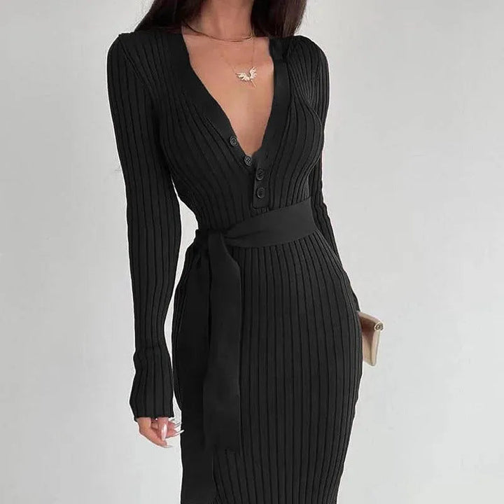Levoire | Robe femme avec bouton à la taille, fine tricot rayé