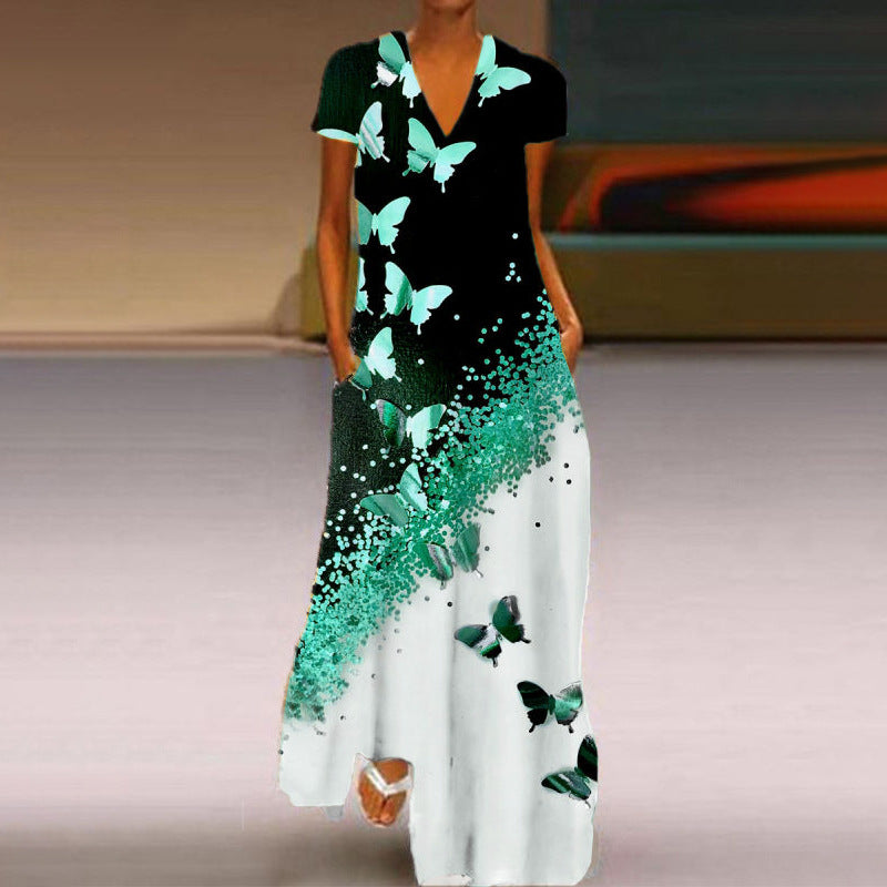 Levoire | Robe à encolure en V à manches courtes avec imprimé papillon élégant Vert