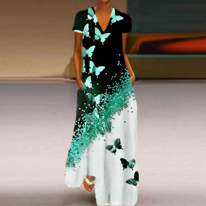 Levoire | Robe à encolure en V à manches courtes avec imprimé papillon élégant Vert