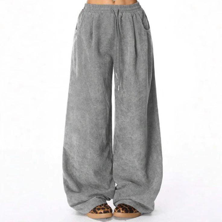 Pantalon large en corduroy à la mode pour femmes avec taille élastique et poches pratiques Levoire