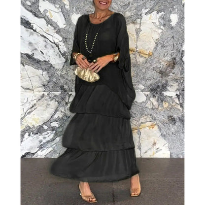 Levoire | Élégante Robe Longue à Manches Batwing et Col Ronde pour Femme noir