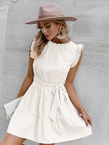 Robe à manches mi-longues pour femmes avec détails en volants et nœud à la taille Levoire