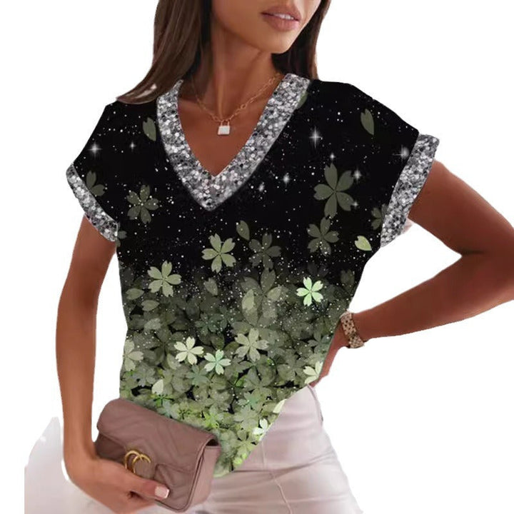 Levoire | T-shirt imprimé tendance à col en V et manches chauve-souris