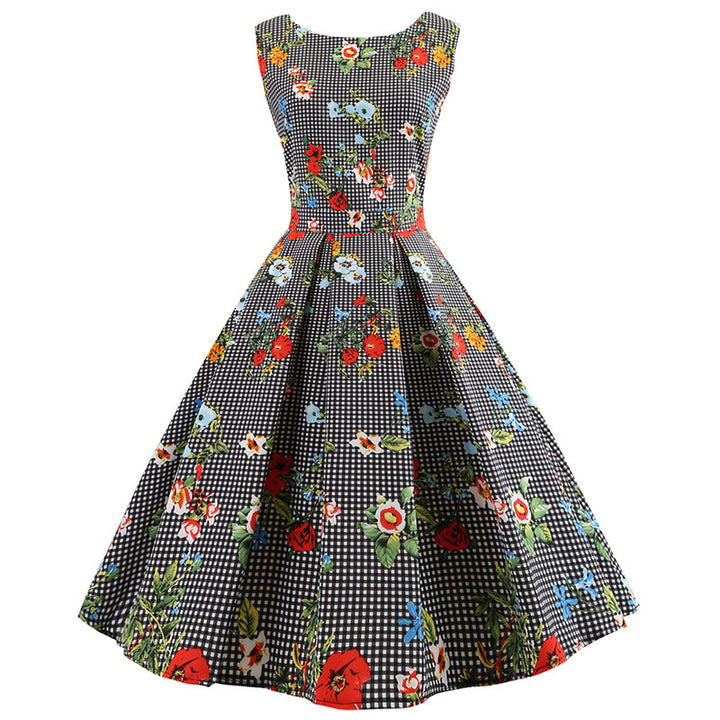 Robe A-Line Rétro pour Femme avec Accents Floraux et Design À Carreaux Classiques Levoire