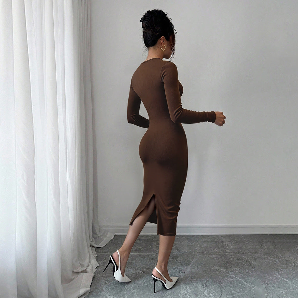 Robe midi en jersey ajustée pour femmes avec détail torsadé et manches longues Levoire
