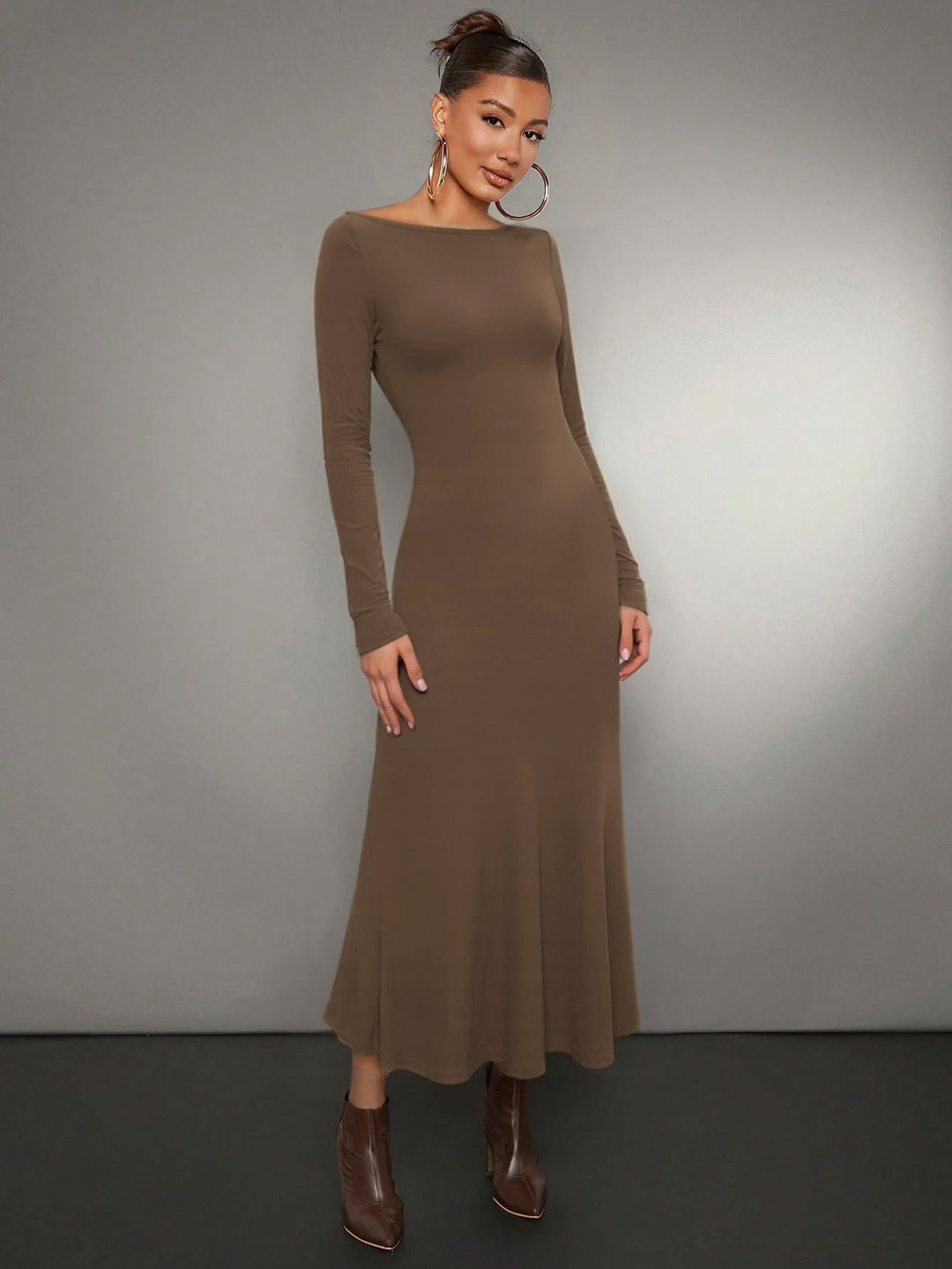 Robe midi à manches longues pour femmes avec encolure ronde élégante et ourlet volant Levoire