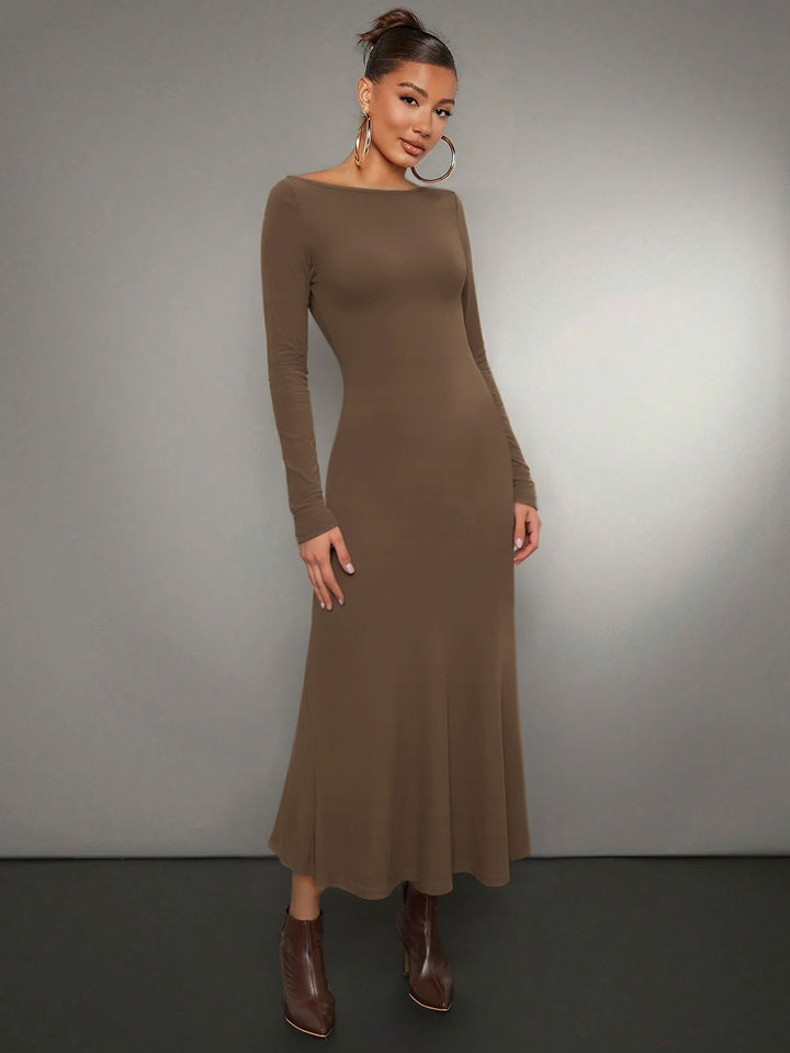 Robe midi à manches longues pour femmes avec encolure ronde élégante et ourlet volant Levoire
