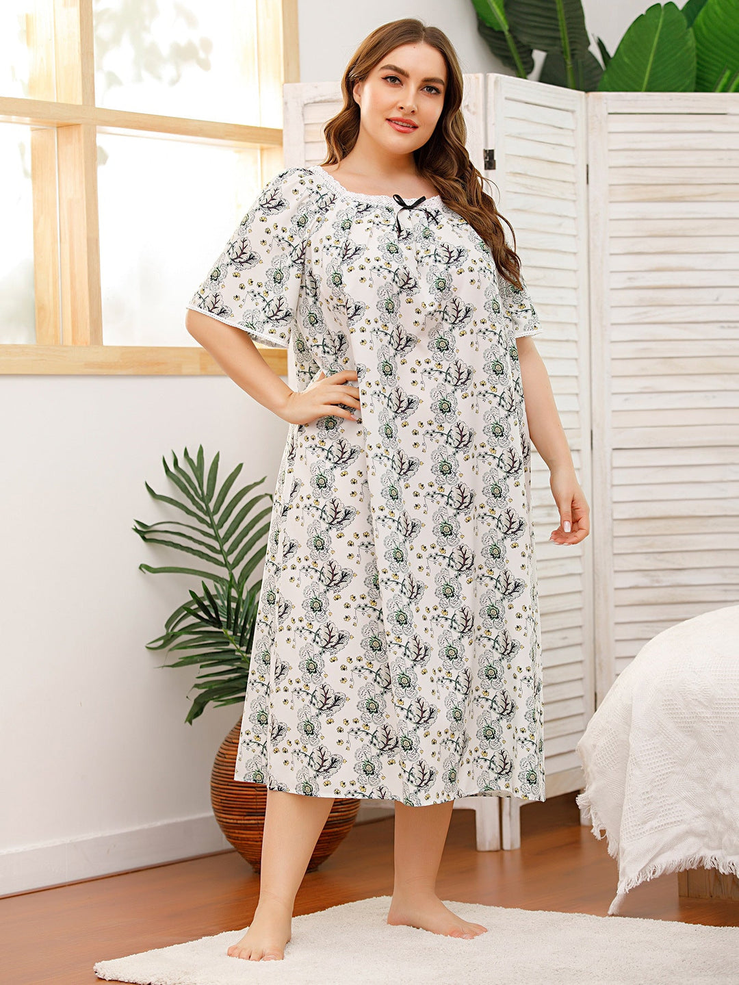 Levoire | Confortable taille plus dentelle ajout impression robe unique XY gris clair-vert de base avec une impression chaotique florale verte-grise