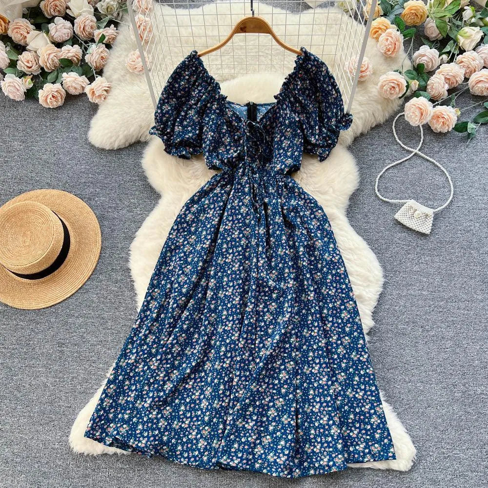 Levoire | Robe rétro à imprimé floral avec encolure en V Bleu foncé Taille libre