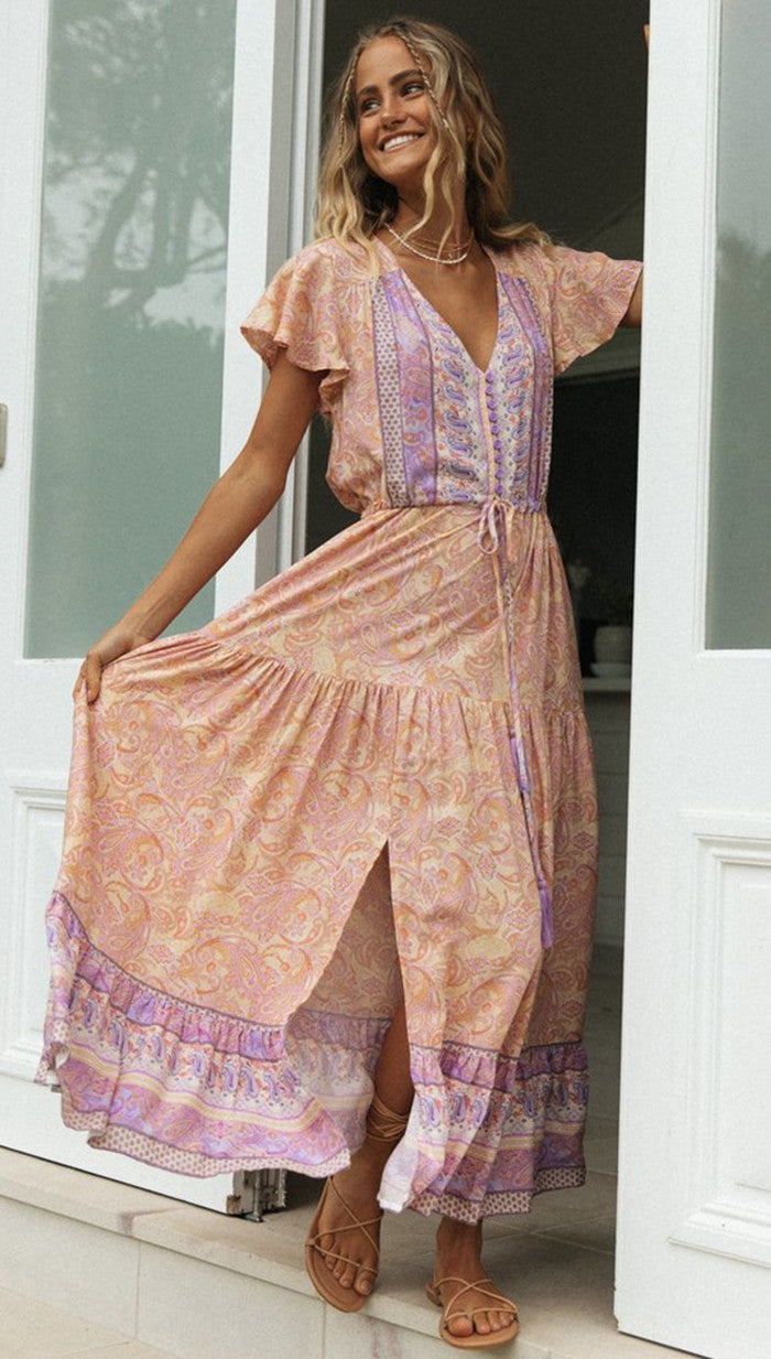 Robe d'été aérienne pour femmes avec des manches à volants ludiques et un cordon de taille élastique Levoire