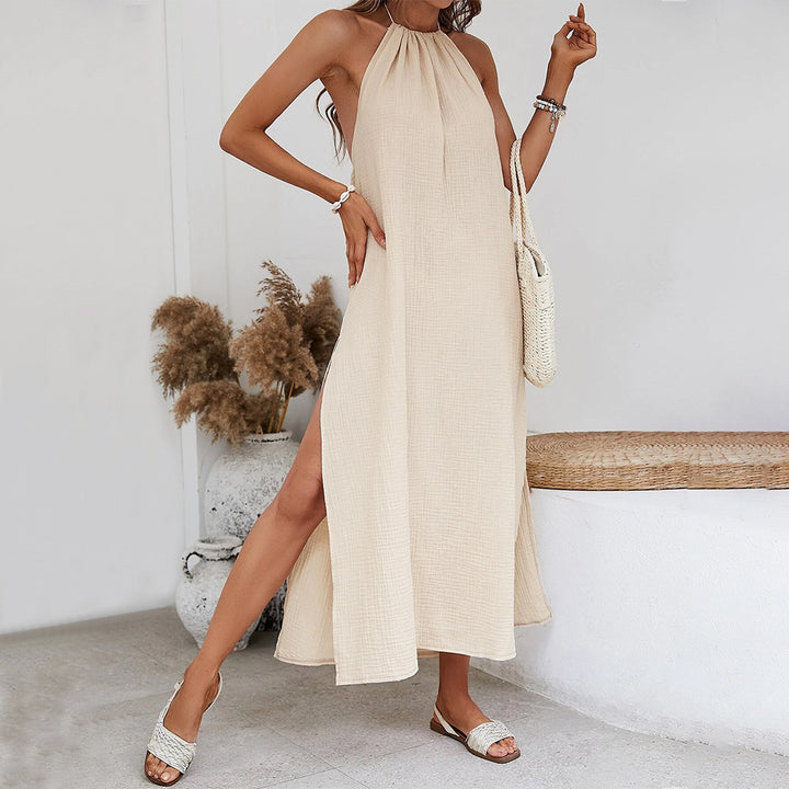 Robe maxi pour femmes avec détail de volants raffiné et encolure halter élégante Levoire