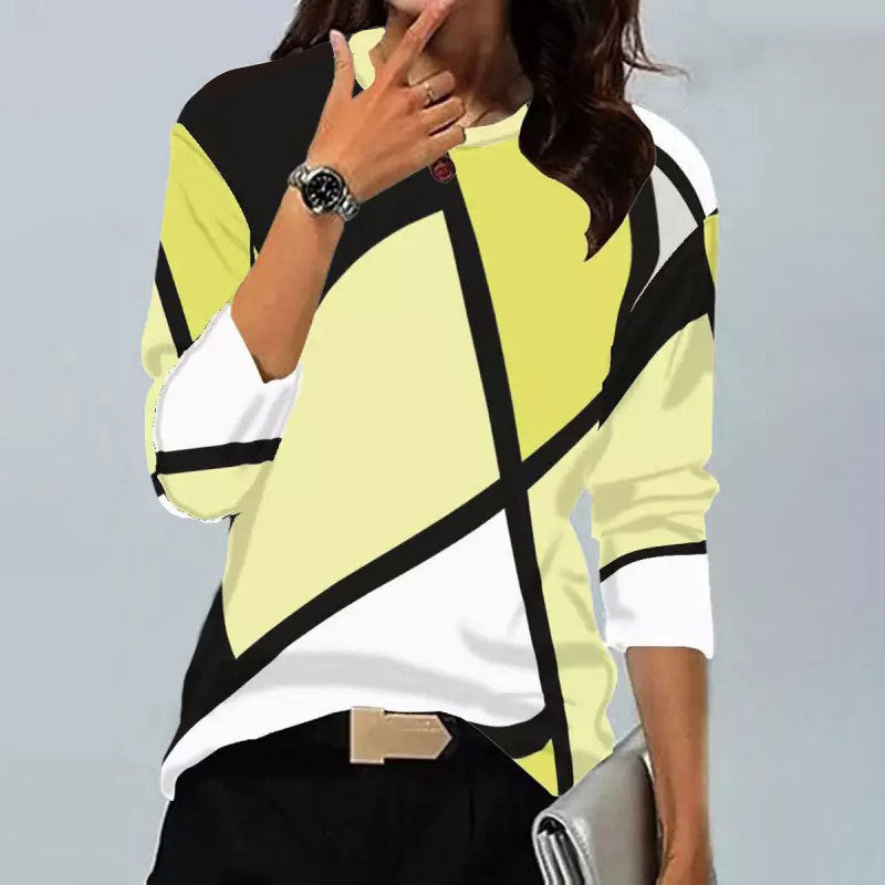 Levoire | Trendik Vintage Imprimé Géométrique Col Rond Chemise à Manches Longues 7# Jaune Fluo