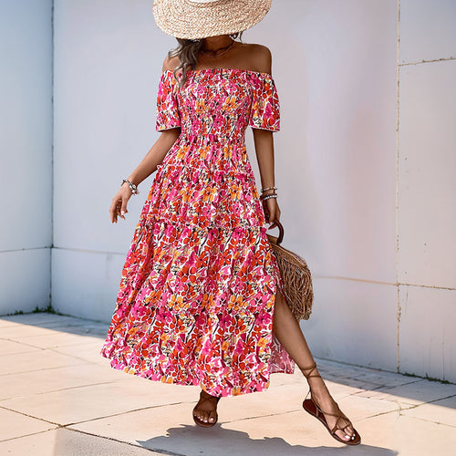 Robe maxi décolletée pour femmes avec motif floral et détails en volants Levoire