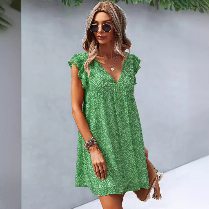 Robe décontractée pour femmes avec manches voluminous à volants et col en V Levoire