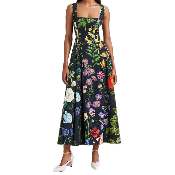 Robe maxi embellie floral pour femmes avec encolure carrée et jupe fluide Levoire