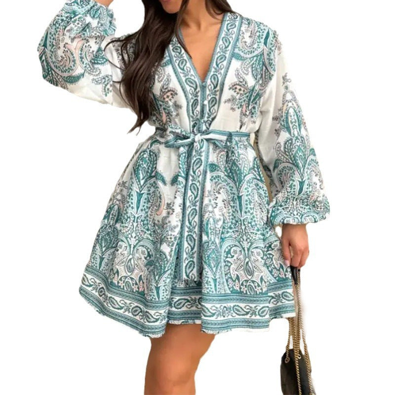 Robe enveloppante à manches longues et ceinture de taille en motif paisley vert émeraude pour femmes Levoire