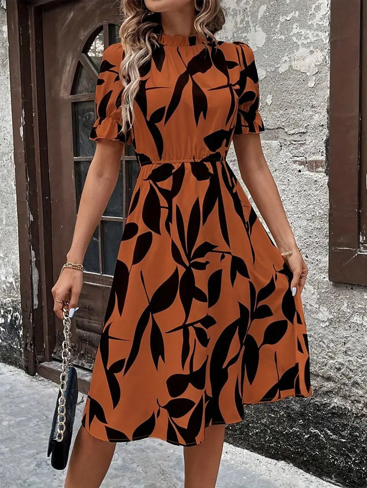 Robe midi élégante pour femmes avec motif de plantes stylé et taille élastique Levoire