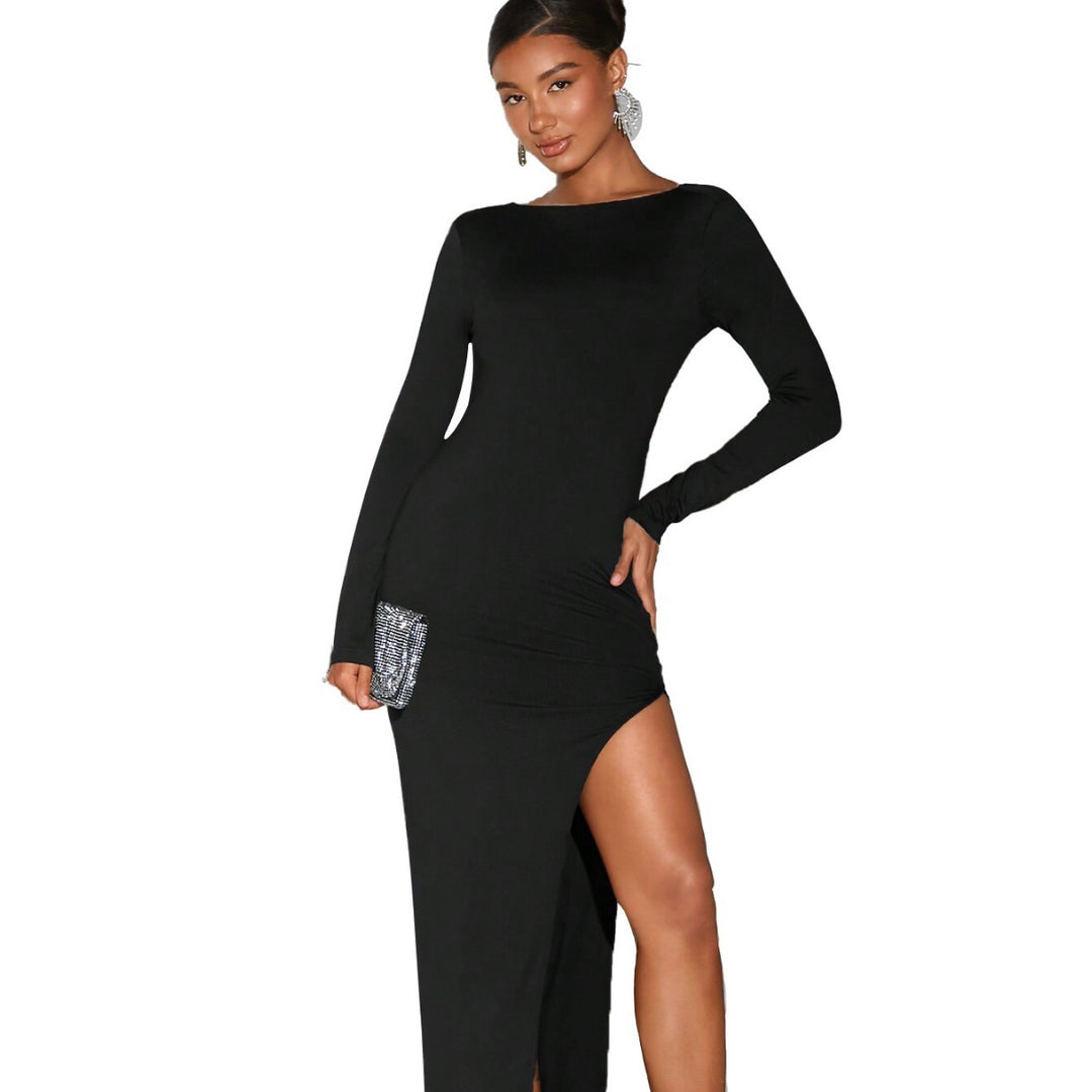 Robe Longue Femme avec Inscription Éblouissante sur le Côté et Fente Haute Levoire
