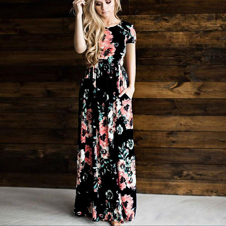 Levoire | Robe à fleurs Robe longue Robe à fleurs Jupe large Robe t-shirts à manches courtes noires