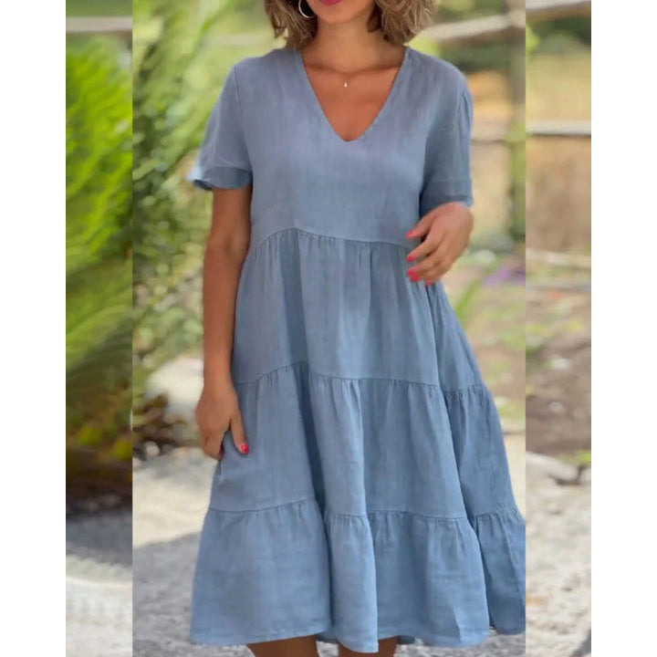 Levoire | Rento V-découpe Yuni Couleur Solide Jupe Évasée Courte Robe Bleu clair